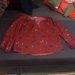 Joie Maroon Butterfly-Print V-Neck Blouse